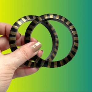 Pair of vintage brass & black striped bangle bracelets Egyptian revival bohemian